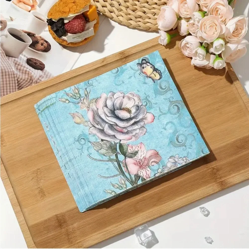 Floral Rose on Blue Luncheon Paper Napkins, 20 ct